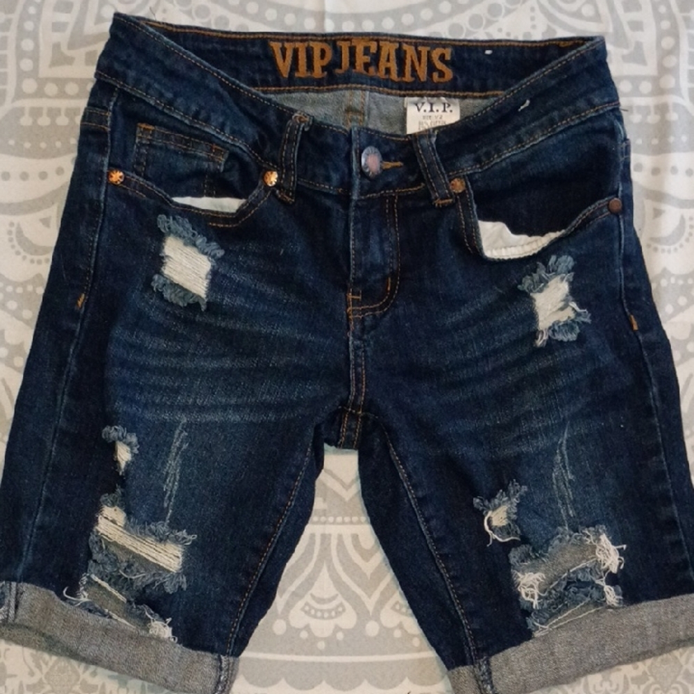 VIP Dark Blue Distressed Jean Shorts